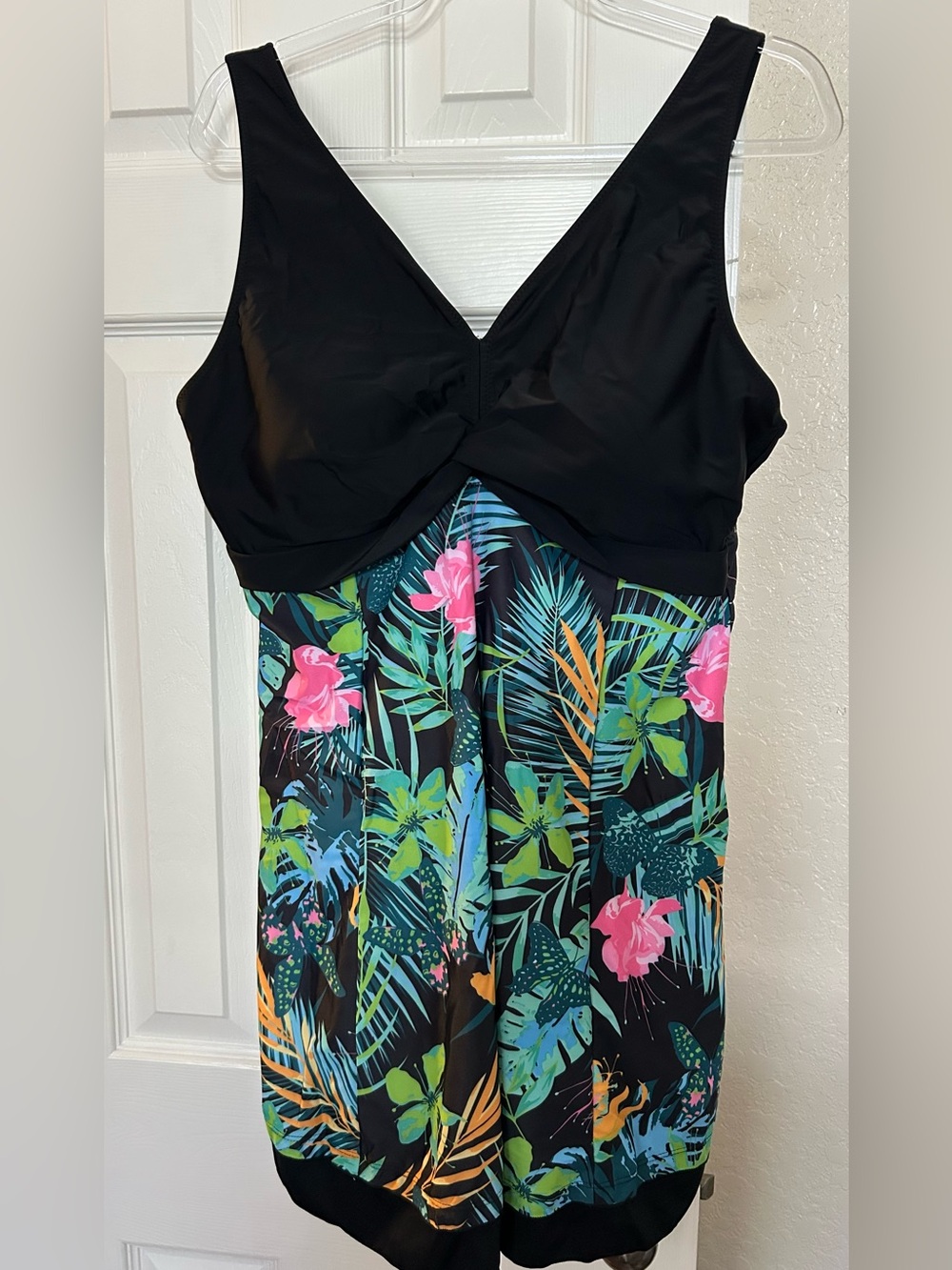 Black Tropical Floral One-Piece Swim Dress with built in shorts